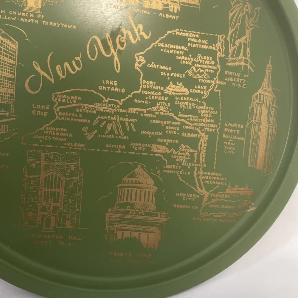 Vintage New York Metal Serving Tray Avocado Green & Gold Mid Century Modern 11